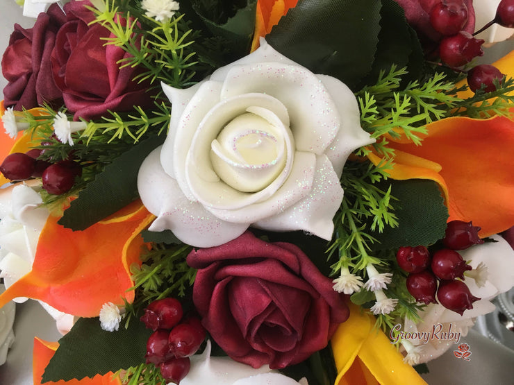 Ivory Glitter Rose, Orange Calla Lily, Burgundy Rose & Berries