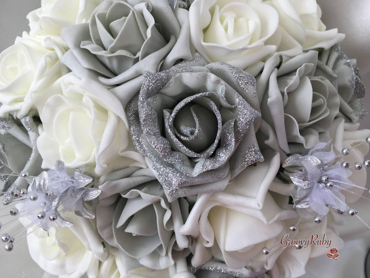 Silver Glitter Rose With Silver Babies Breath