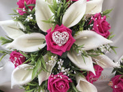 Hot Pink Rose & Calla Lily With Pearls & Diamante Heart Brooch