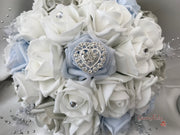 Ice Blue, Silver & White Roses With Delicate Heart Brooch