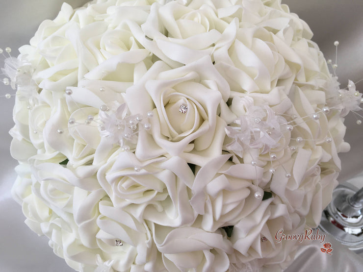 Ivory Rose Crystal With Ivory Pearl Babies Breath