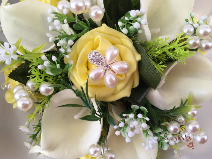 Lemon Rose & Large Calla Lily With Pearl Sprays & Pearl Brooch