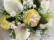 Lemon Rose & Large Calla Lily With Pearl Sprays & Pearl Brooch