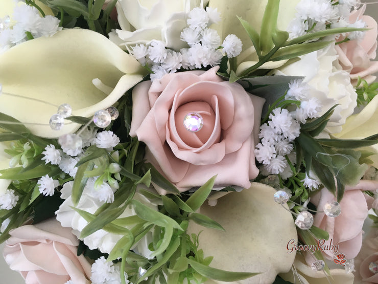 Mocha Pink Roses & Ivory Carnations With Calla Lily & Gypsophila