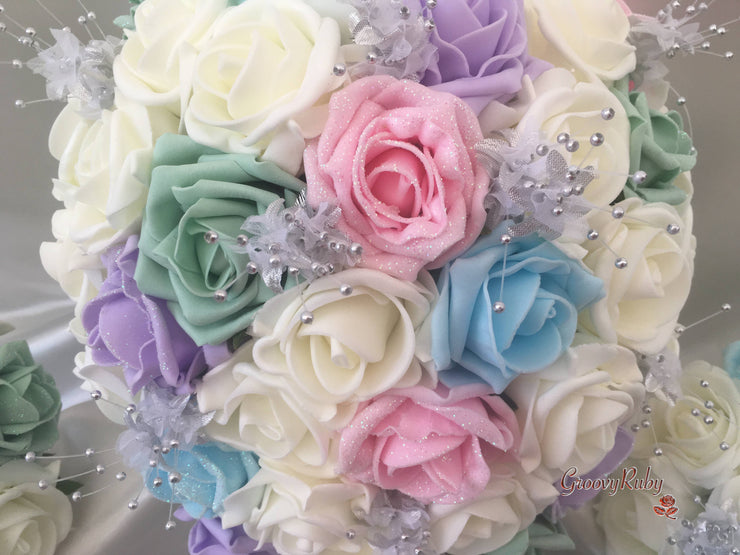 Pastel Glitter Roses With Silver Babies Breath