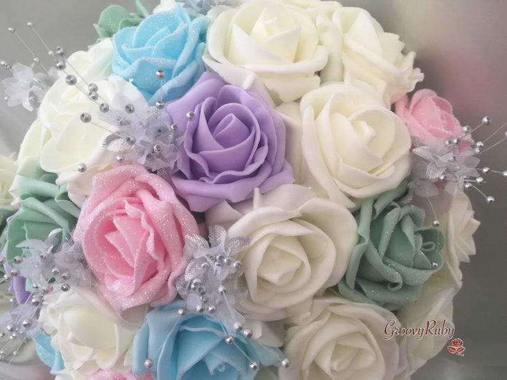 Pastel Glitter Roses With Silver Babies Breath