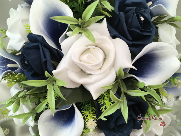 White & Navy Centred Calla Lilies With Roses
