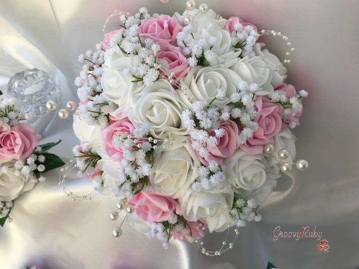 Baby Pink & Ivory Roses With Gypsophila & Pearl Sprays