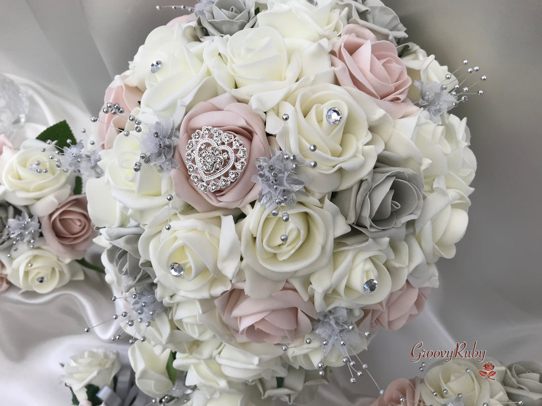 Mocha Pink Silver Roses With Delicate Heart Brooch