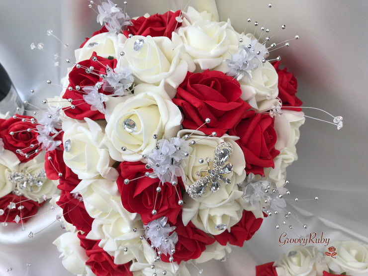 Red & Ivory Rose With Silver & Crystal Butterfly