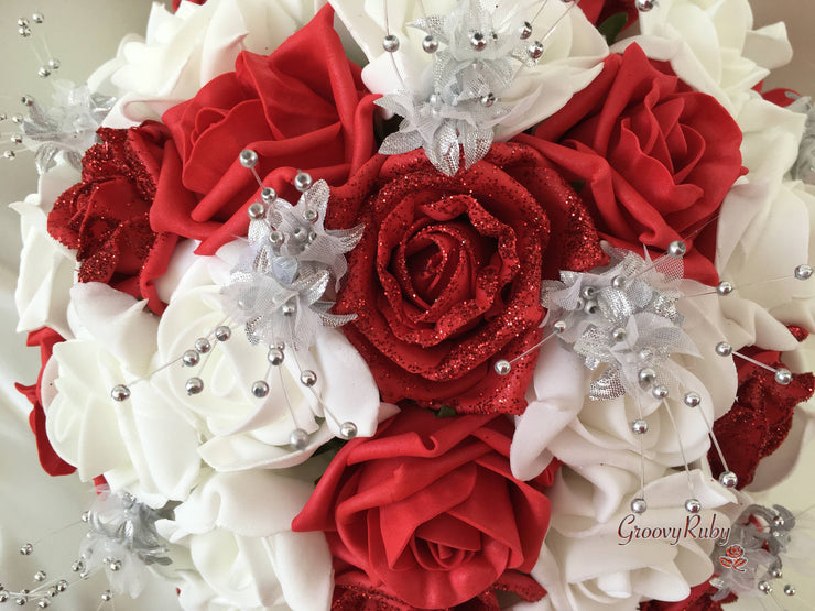 Red Glitter Rose With Silver Babies Breath