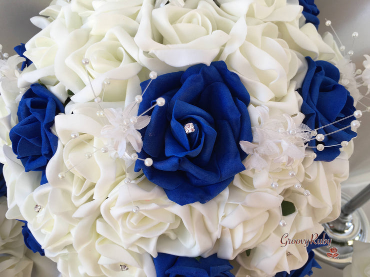 Royal Blue & Ivory Rose Crystal With Ivory Pearl Babies Breath