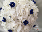 Rose Bouquets With Royal Blue Satin Diamante Flowers