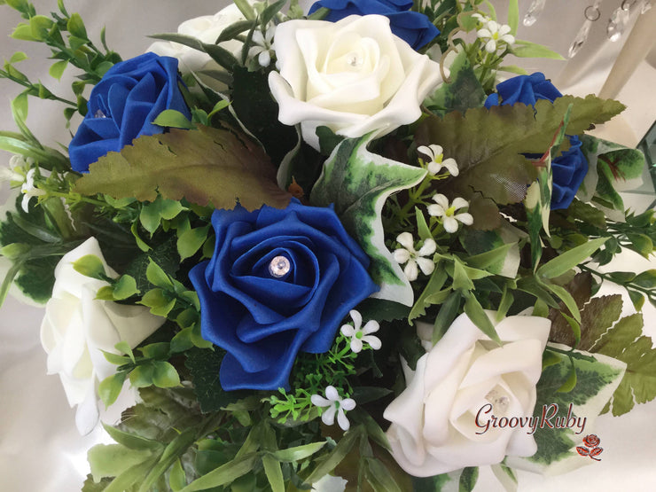 Royal Blue & Ivory Rose Small Round Table Arrangement