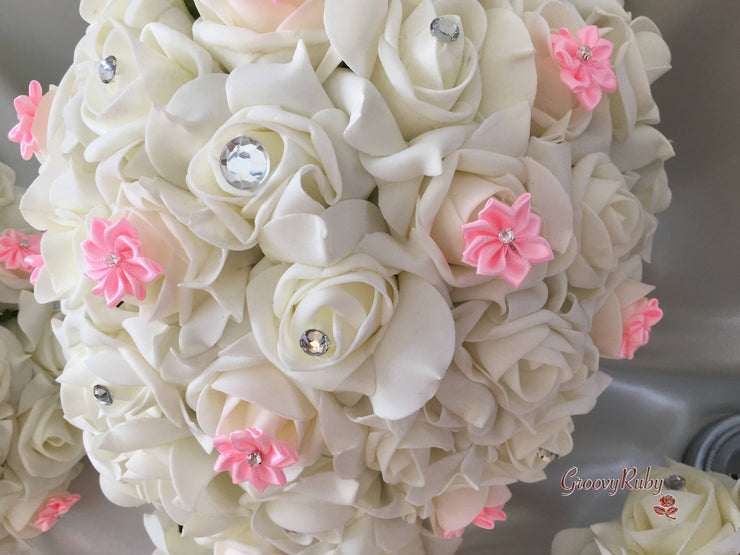 Rose Bouquets With Baby Pink Satin Diamante Flowers