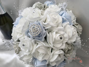 Ice Blue, Silver & White Roses With Delicate Heart Brooch