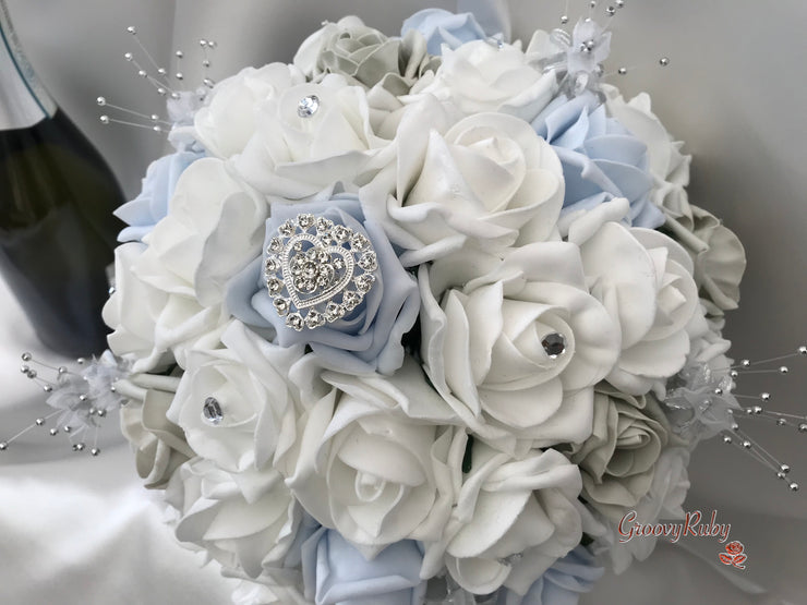 Ice Blue, Silver & White Roses With Delicate Heart Brooch