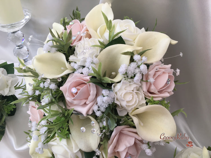 Mocha Pink Roses & Ivory Carnations With Calla Lily & Gypsophila