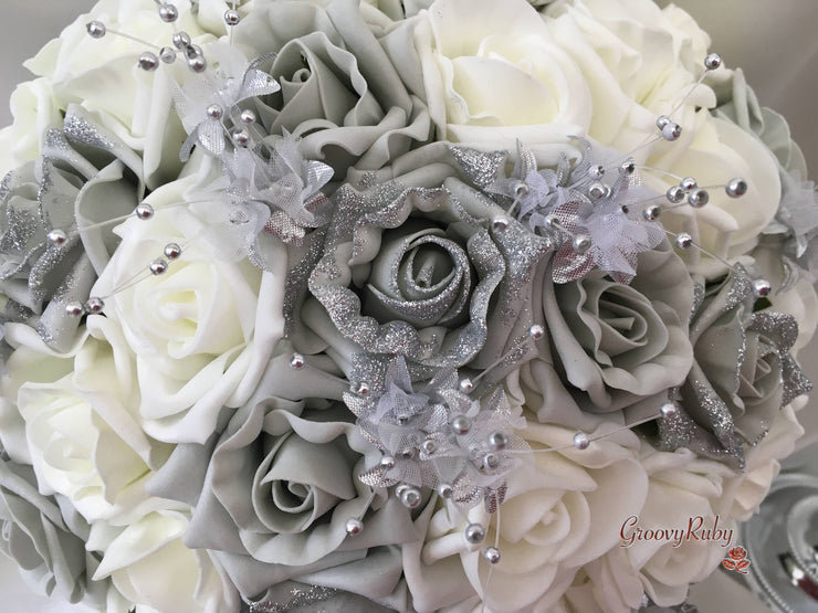 Silver Glitter Rose With Silver Babies Breath