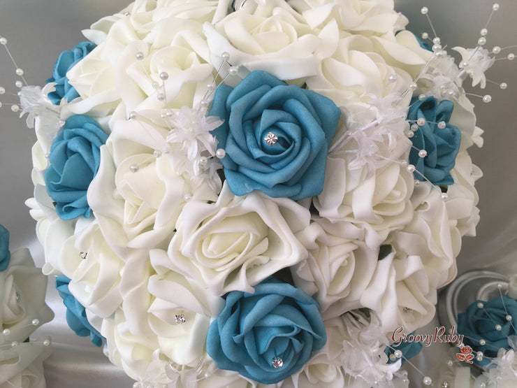 Turquoise & Ivory Rose Crystal With Ivory Pearl Babies Breath