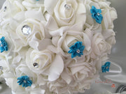Rose Bouquets With Turquoise Satin Diamante Flowers