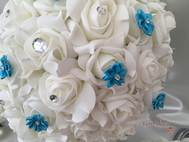 Rose Bouquets With Turquoise Satin Diamante Flowers