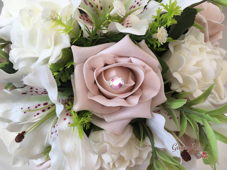 Small Tiger Lilies & Vintage Mocha Pink Roses With Foliage