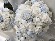 Ice Blue, Silver & White Roses With Delicate Heart Brooch