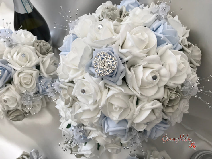 Ice Blue, Silver & White Roses With Delicate Heart Brooch