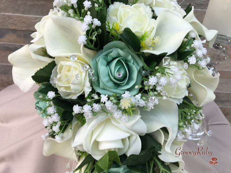 Mint Green Roses & Ivory Carnations With Calla Lily & Gypsophila