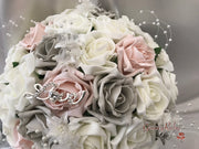 Mocha Pink & Silver Roses With Diamanté Silver Love Brooch