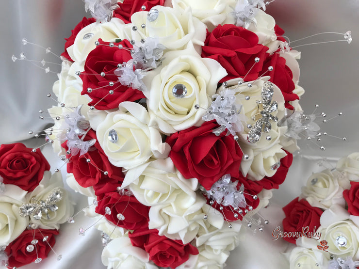 Red & Ivory Rose With Silver & Crystal Butterfly