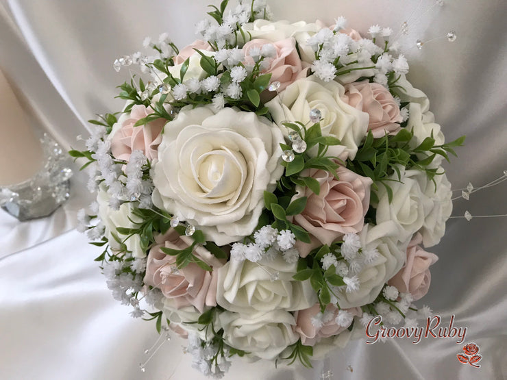 Mocha Pink & Ivory Rose With Foliage, Gypsophila & Crystal Sprays