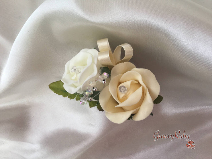 Ladies Pin On Corsage With Crystal Spray & Ribbon - Colour Combination Of Your Choice