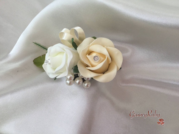 Ladies Pin On Corsage With Pearl Spray & Ribbon - Colour Combination Of your Choice