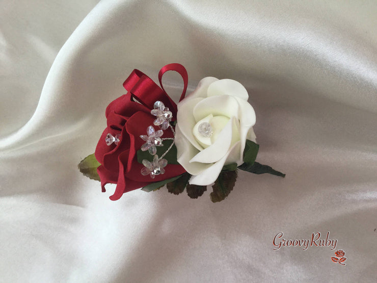 Ladies Pin On Corsage With Crystal Spray & Ribbon - Colour Combination Of Your Choice