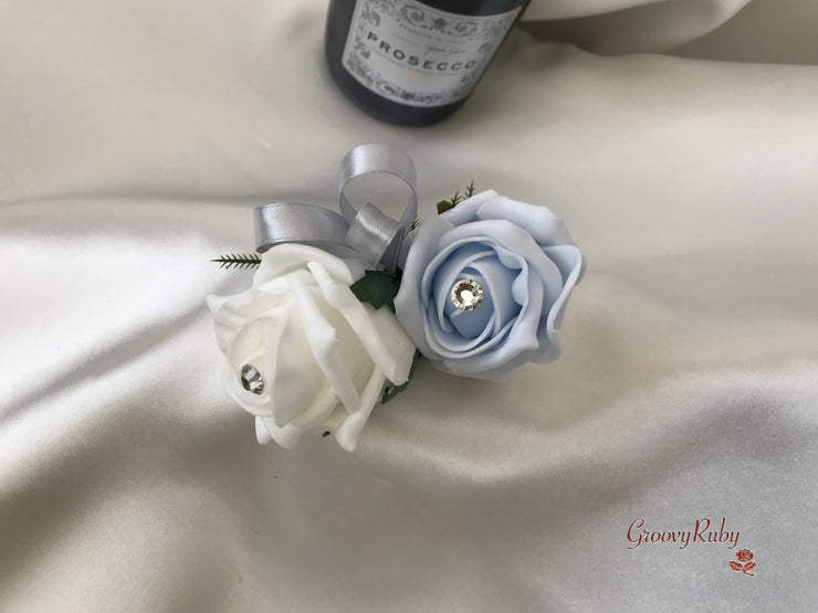 Ice Blue, Silver & White Roses With Delicate Heart Brooch