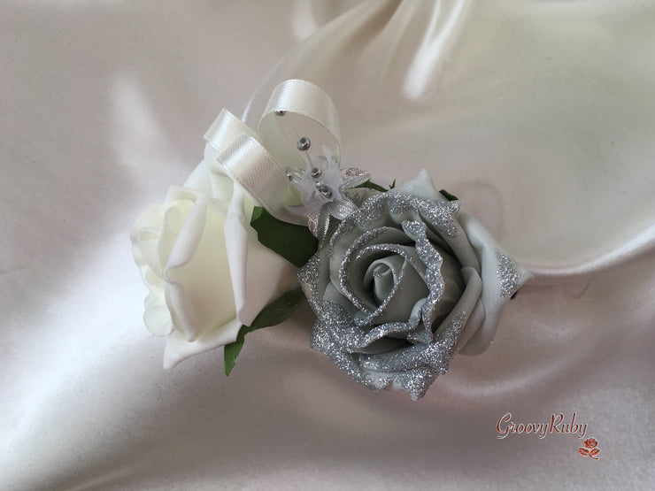 Silver Glitter Rose With Silver Babies Breath