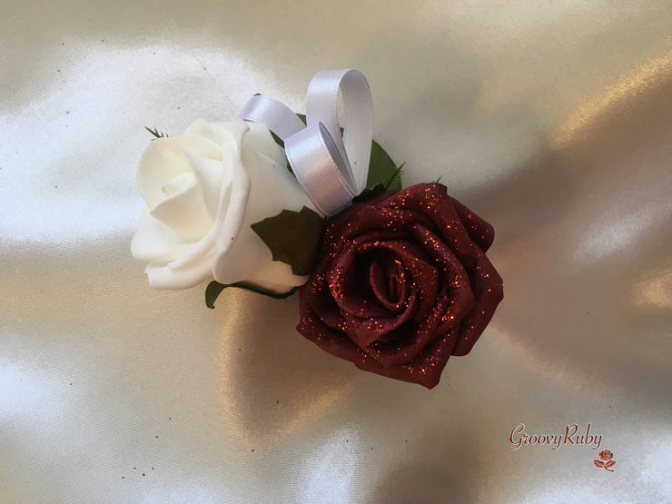 Burgundy Glitter Rose With Pearls & Pearl Diamante Brooch