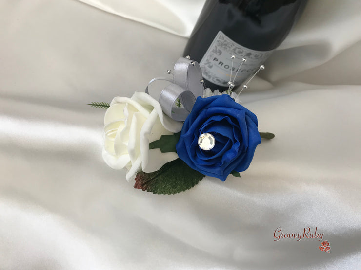 Royal Blue & Ivory Rose With Silver & Crystal Butterfly