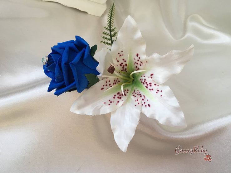Small Tiger Lilies & Royal Blue Roses With Foliage