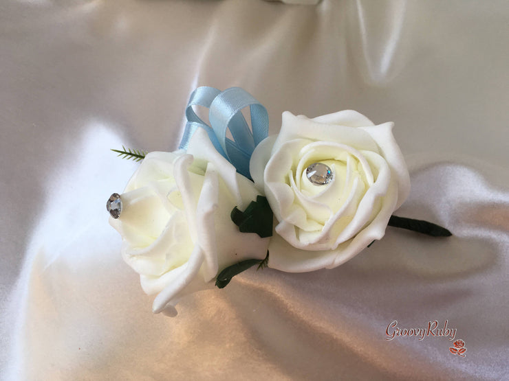 Rose Bouquets With Baby Blue Satin Diamante Flowers