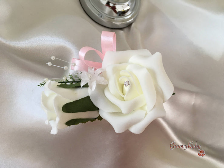 Baby Pink & Ivory Rose Crystal With Ivory Pearl Babies Breath