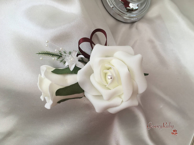 Burgundy & Ivory Rose Crystal With Ivory Pearl Babies Breath