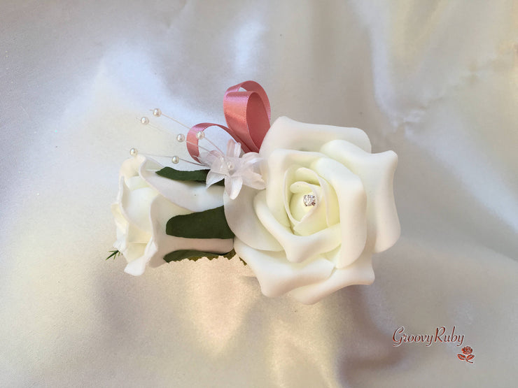 Dusky Pink & Ivory Rose Crystal With Ivory Pearl Babies Breath