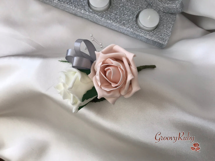 Mocha Pink & Silver Roses With Diamanté Silver Love Brooch