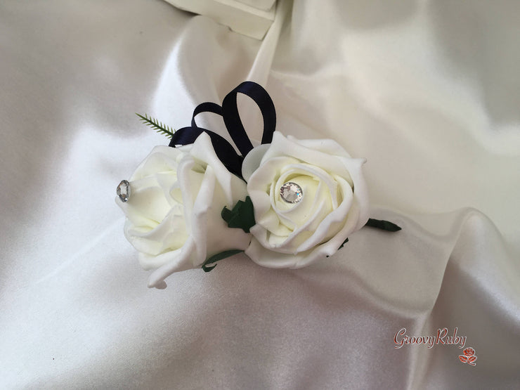 Rose Bouquets With Navy Satin Diamante Flowers