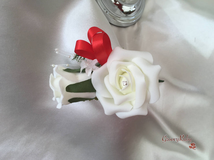 Red & Ivory Rose Crystal With Ivory Pearl Babies Breath
