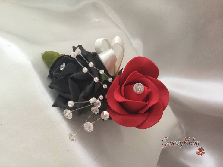 Black, Red & Ivory Rose With Foliage & Crystal Sprays