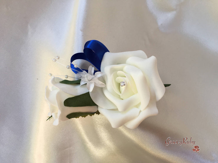 Royal Blue & Ivory Rose Crystal With Ivory Pearl Babies Breath